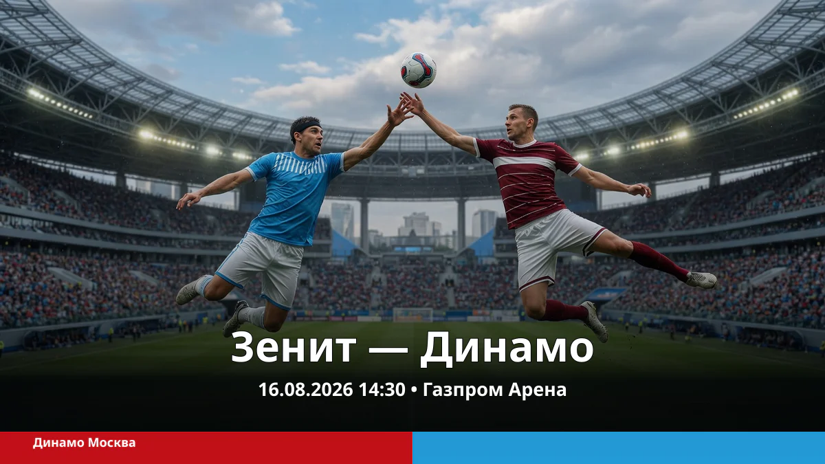 Два вымышленных футболиста борются за мяч на современной арене перед матчем Зенит — Динамо Москва