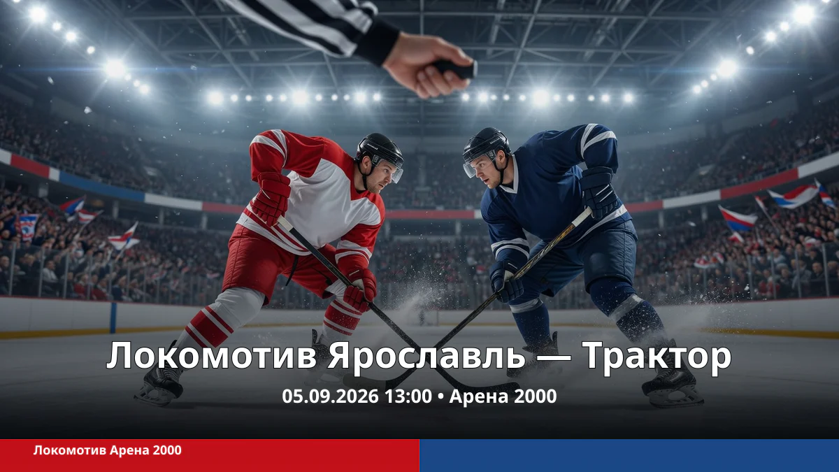 Два хоккеиста в нейтральных джерси ведут борьбу на льду арены во время вбрасывания, заполненные трибуны на заднем плане, фотореалистичный спортивный кадр